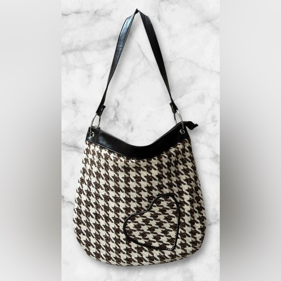Fashion Express Handbags - Vintage Houndstooth Fashion Express Brown Cream Satchel Bag Purse Heart Pocket
